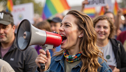 Woman passionately speaks through megaphone at pride event