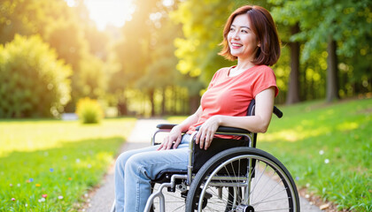 Smiling woman in wheelchair enjoying a sunny day in the park
