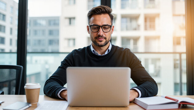 Professional man working on laptop in modern office space - Powered by Adobe