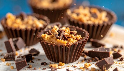 Close-up of four chocolate peanut butter cups, some with toppings, on a wooden board