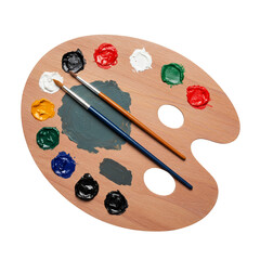 Wooden Artist Paint Palette with Colorful Acrylic Paint Blobs and Two Brushes Isolated on White Background Representing Creative Art Process