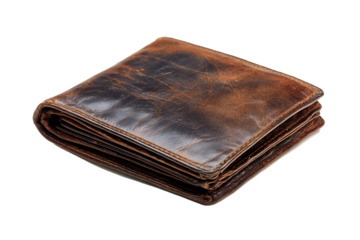 Leather wallet placed flat on a plain background showing signs of wear and age