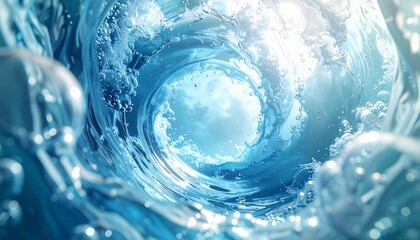 Dynamic close-up of a swirling water tunnel with bright sky visible in the center