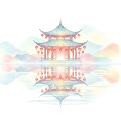 Fototapeta premium Serene Asian Pagoda Reflected in Calm Waters Amid Soft Pastel Sky