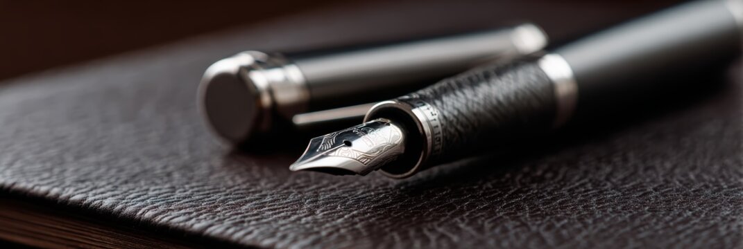 luxury pen photography, a dramatic close-up of an expensive fountain pen lying on a dark leather blotter pad with the cap placed beside it, symbolizing the completion of writingsigning the leather