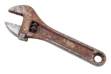 Old wrench on a plain background showing wear and rust from extended use in various tasks around household or workshop settings