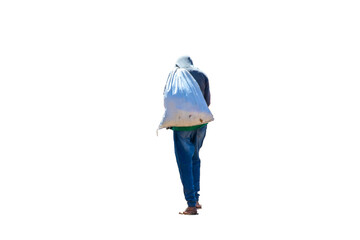 Naklejka premium Person Walking Away Carrying a Large Bag on White Background. Perfect isolated. Bag man