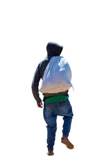 Naklejka premium Person Walking Away Carrying a Large Bag on White Background. Perfect isolated. Bag man