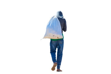 Naklejka premium Person Walking Away Carrying a Large Bag on White Background. Perfect isolated. Bag man