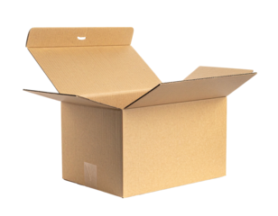 Open cardboard box with flaps partially raised