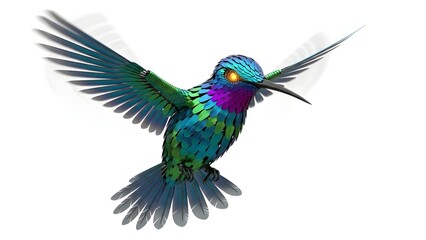 Obraz premium A vibrant hummingbird with iridescent feathers in flight isolated on white background