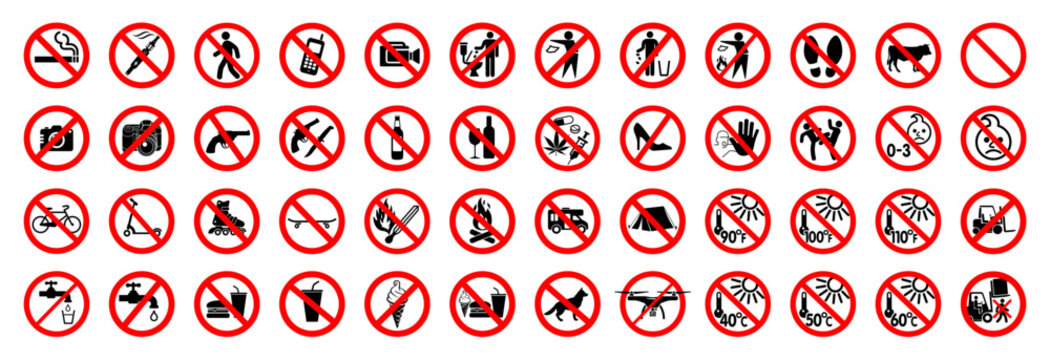large set of common round prohibited not allowed not permitted signs in red circle symbols simple classic vector on transparent background