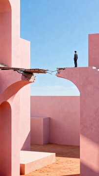 Businessman facing broken bridge gap in surreal pink architecture obstacle concept 3D animation vertical