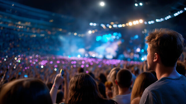 Pop concert in big venue full of thousands of people faceless, night performance, large-scale music event, stadium atmosphere, defocused crowd, with copy space