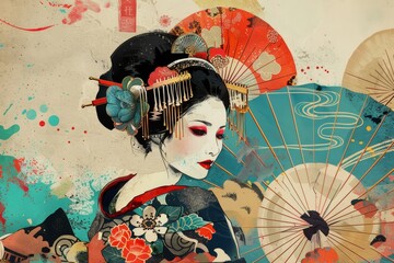 Graceful Traditional Scene, Portrait Of Geisha In Profile With Floral Ornaments And Vintage Style Backdrop