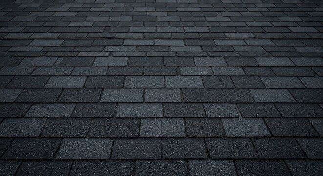 Detailed close-up of dark asphalt roof shingles creating a repeating pattern suitable for construction or home repair backgrounds ,house ,roof ,panel