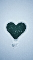 Icy heart-shaped hole carved into frozen water during a severe snowstorm. Heavy white snowfall texture background creates contrast ,heart, crystal, snow