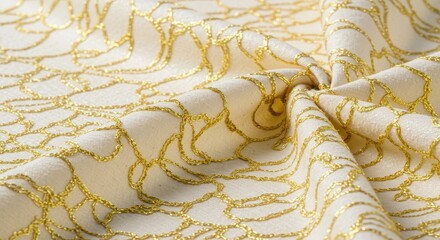 Luxurious pale ivory soft fabric texture background featuring delicate abstract lace embroidery detailed with shimmering soft gold thread ,detail ,neutral ,beige