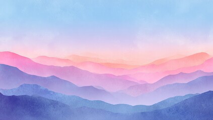 Obraz premium Watercolor mountainscape with layers of pink, orange, and blue hues.