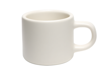 White ceramic mug with simple design placed  on a transparent png background in a well-lit setting