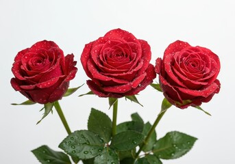 Three beautiful vibrant red roses, wet with glistening water droplets, presented elegantly and isolated on a pure white background ,dew ,macro ,love