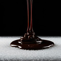 Thick, glossy, dark, molten topping flowing rapidly onto a contrasting chilled surface, emphasizing texture and intense heat ,dark ,topping ,sticky
