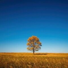 Vivid autumnal landscape with a stark contrast between the deep cobalt sky and the vibrant golden meadow below ,environment ,dark blue ,vast