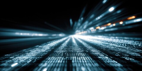 Abstract blur of blue light streaks against black, geometric patterns below