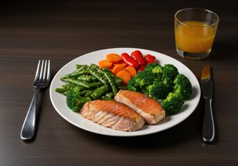 A beautifully composed, wholesome, and nutritious evening dinner plate filled with lean protein and fresh steamed vegetables for weight management, portion control, simple, delicious