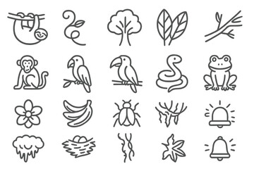 Jungle Icons Collection. Line style icons of jungle foliage: Sloth, Vine, Tree, Leaves, Branch, Monkey, Parrot, Toucan, Snake,