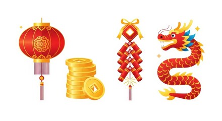 A festive set of flat vector icons for Chinese New Year, including lanterns, gold coins, firecrackers, and a traditional animal, collection, lantern, simple