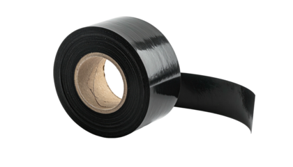 Glossy black tape roll, brown core, diagonal angle