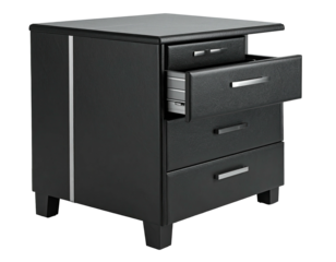 Black bedside table; 3 drawers, one partly open