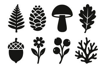 Woodland Plant Icons. Solid style icons of woodland plants: fern, pinecone, mushroom, oak leaf, acorn, wildflower, berry branch,
