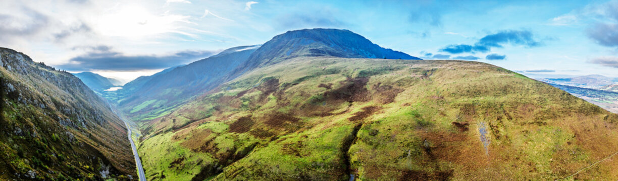 Mountains over Mach Loop from a drone, Minffordd, Tywyn, Wales, UK