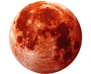 Naklejka premium Crimson lunar globe reveals cratered surface against a blank white void