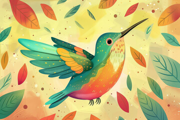 Fototapeta premium Bright Hummingbird Hovering Against Sunrise Backdrop With Soft Floral Elements And Cheerful Mood