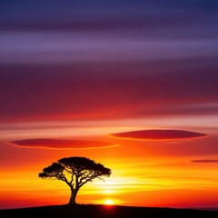 Obraz premium Stunning view of a colorful sunset glowing behind a lone tree silhouette against a dramatic sky filled with soft clouds, wood, wild, tranquil