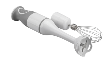 White and grey hand blender with whisk attachment on transparent background