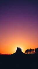 A breathtaking scenic view during the golden hour, featuring deep orange and purple twilight skies and dark, peaceful nature silhouettes, reflection, peaceful, scenic