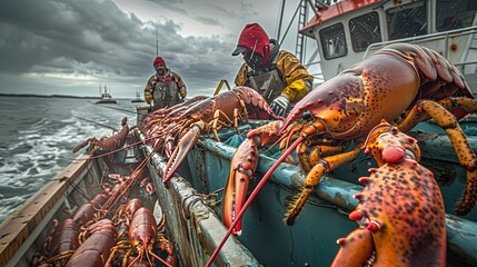 Lobster fishermen working on boat in ocean during cloudy day, collecting fresh catch