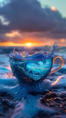 Cup with water splash at sunset over ocean waves