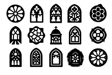 Gothic Cathedral Glass Icons. Solid style icons of Gothic cathedral glass: rose window, pointed arch, stone tracery, colored light