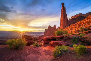 beautiful sunset at fisher towers in utah, usa