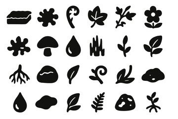 Nature's Solid Icons. Solid style icons of Moss and Nature Growth: moss mat, fern sprout, vine leaf, creeping ivy, green lichen,