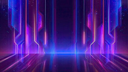 Abstract neon corridor reflects, violet, blue, & pink light beams downward