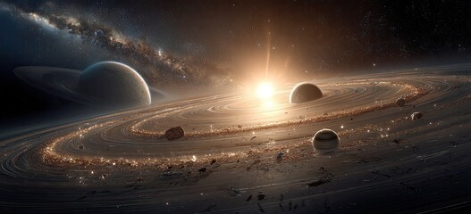 Majestic planetary system with rings, multiple planets, and a bright central star