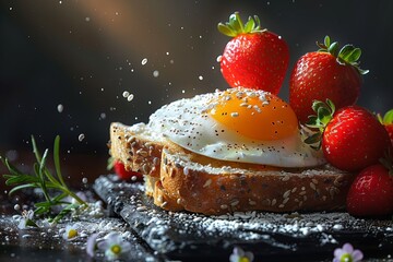 Breakfast scene with egg on toast and fresh strawberries with a sprinkle of sesame seeds