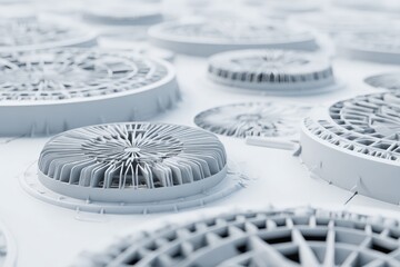 Array of repeating geometric, circular ventilation units with fine details