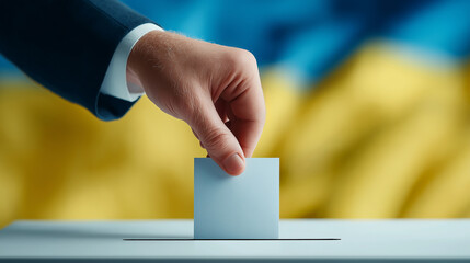 A hand is casting a ballot into a box, symbolizing civic duty and participation in democracy against a backdrop of blue and yellow colors.
